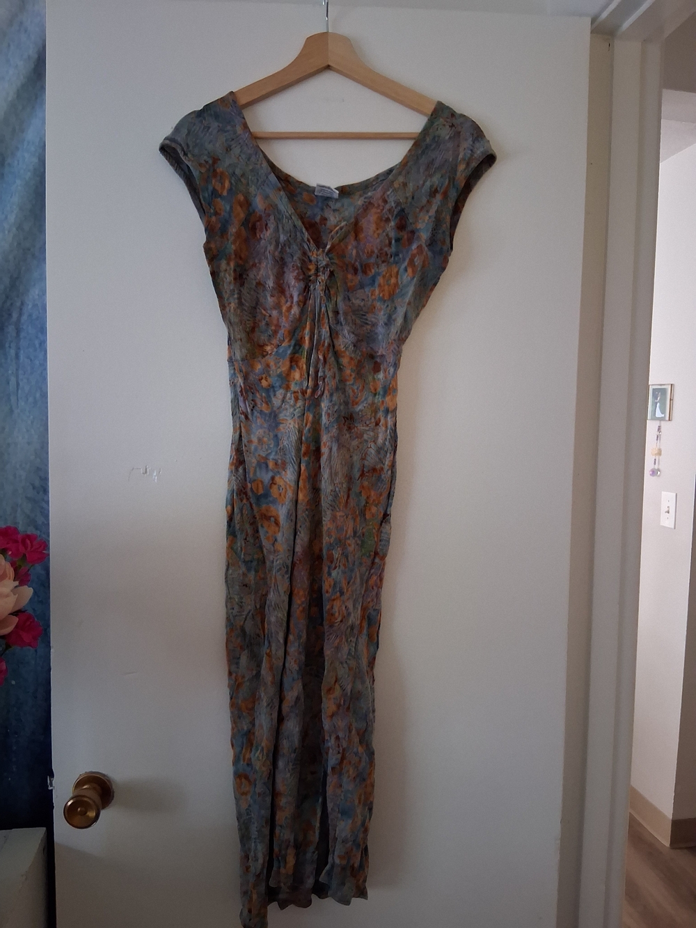 Boho Tie-Front Maxi Dress in Muted Blue and Orange Floral